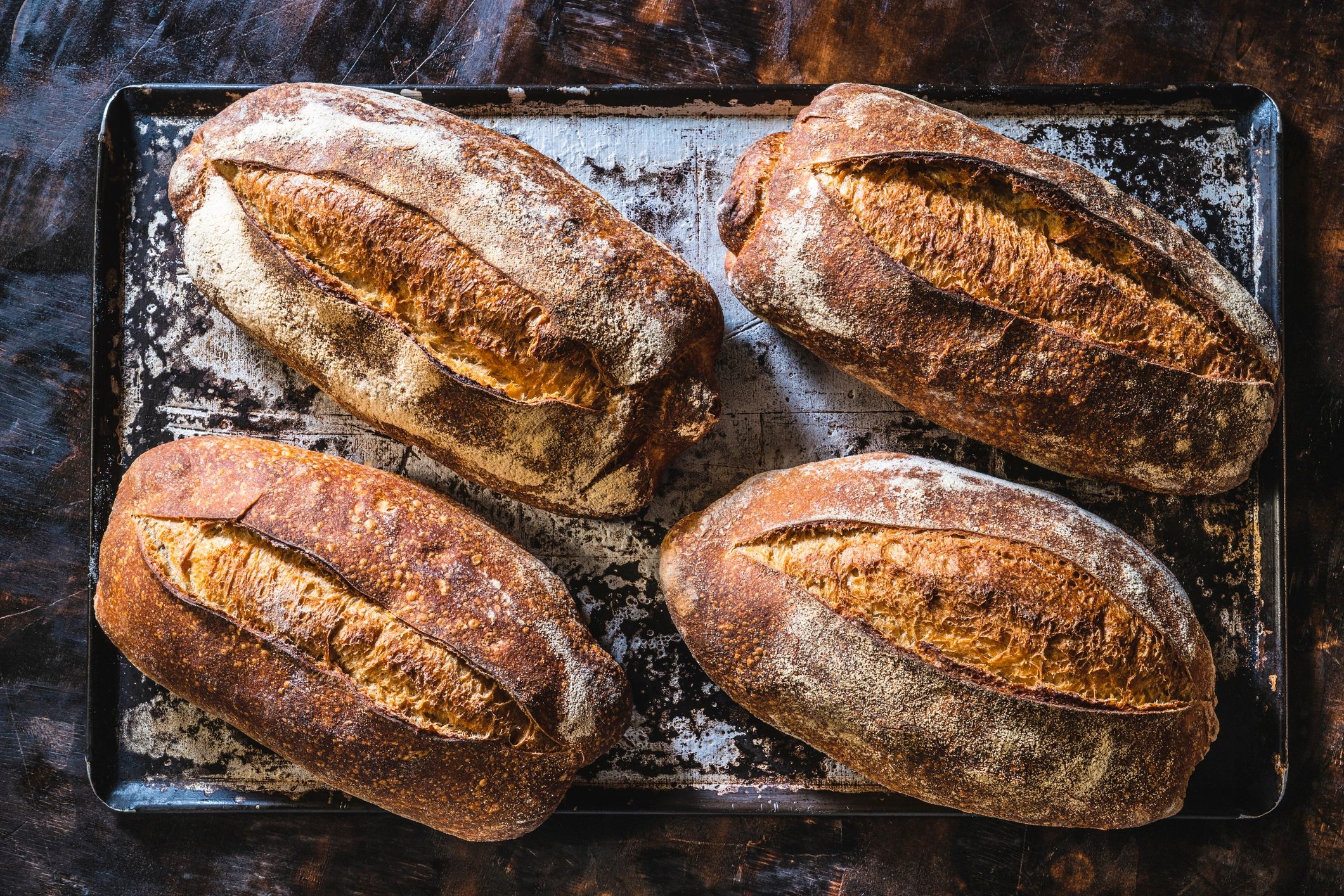 Freshly baked sourdough loaves in a baking tray