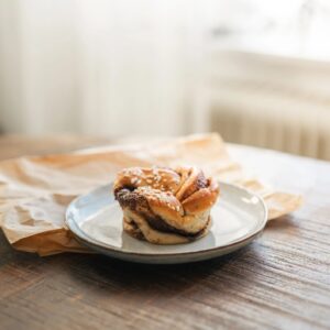 Freshly baked cinnamon bun on rustic wooden table