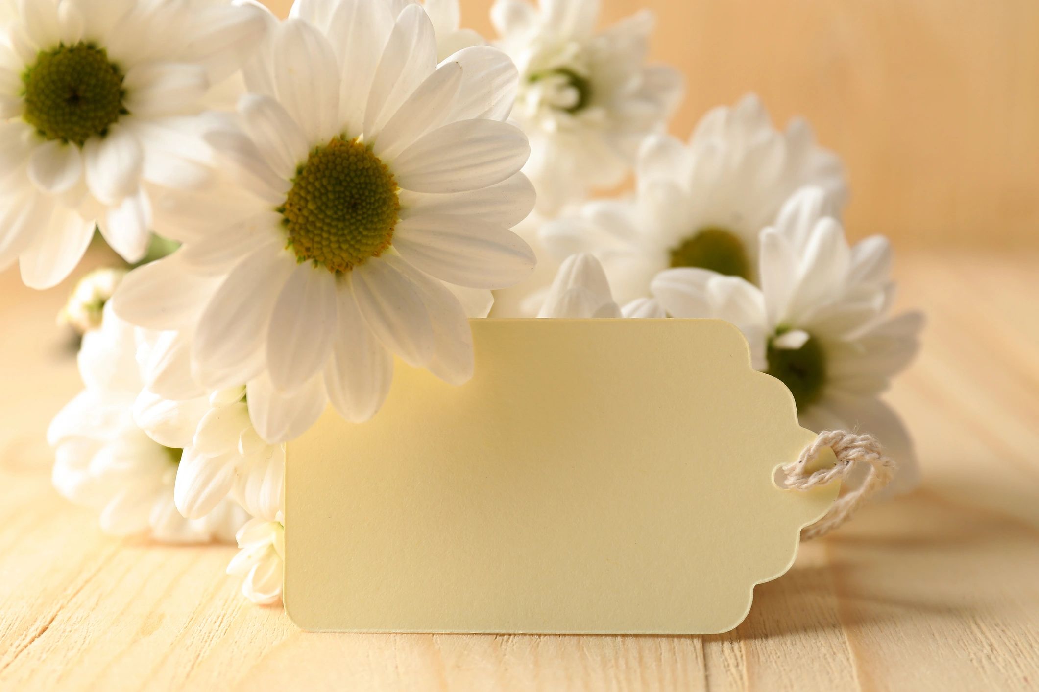 Blank tag with flowers on a wooden table